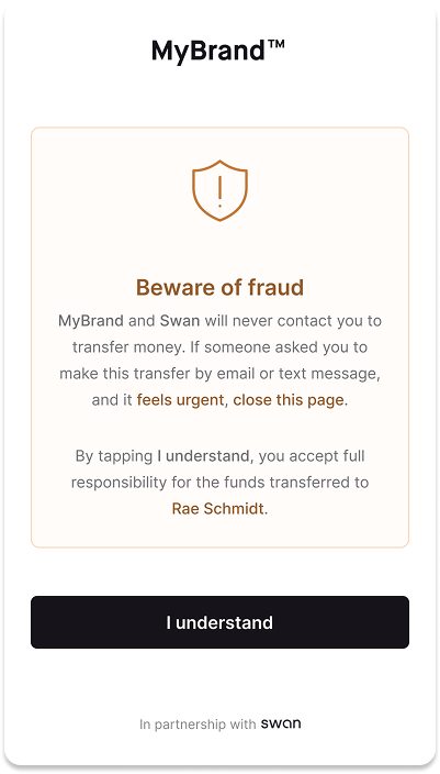 Screenshot of Swan's Web Banking fraud warning before initiating a payment